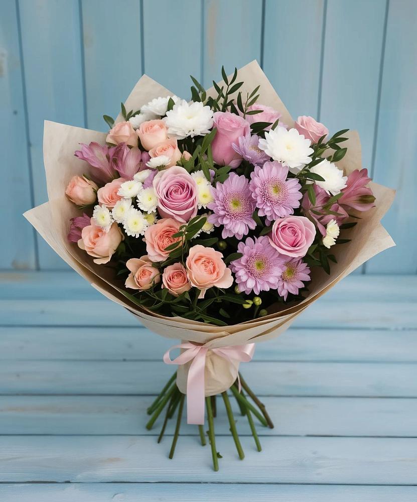 Букет цветов из: Хризантемы, Розы и Альстромерии в Зее