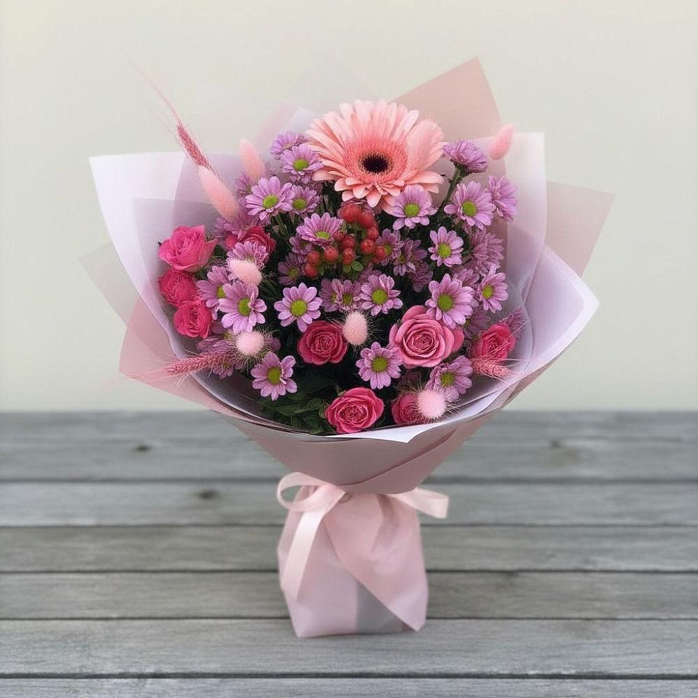 Букет цветов из: Розы, Герберы и Хризантемы в Зее