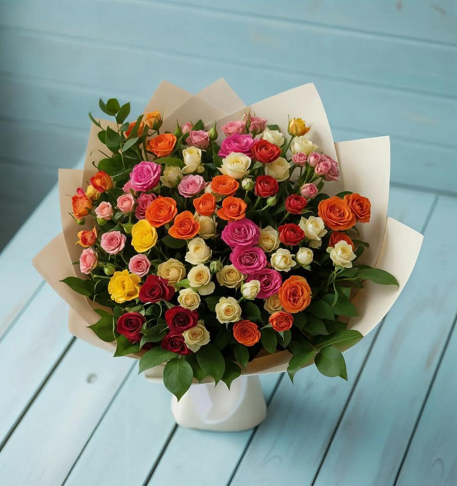 Букет Микс из разноцветных кустовых роз в Зее