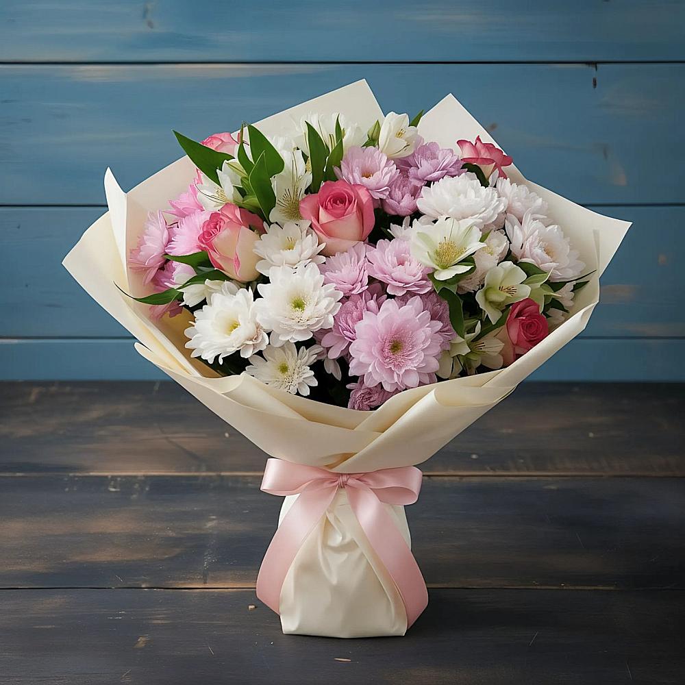 Букет цветов из: Хризантемы, Альстромерии и Розы в Зее